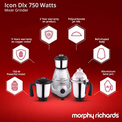 Morphy Richards 640039 Icon Delux Mixer Grinder With 3 Jar 750W Silver