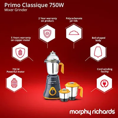 Morphy Richards 640094 Primo Classique Mixer Grinder With 3 Jar 750W Grey And Orange