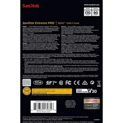 Sandisk Extreme Pro 256GB SDHC U3 C10 UHS-I 4K Video 170MBs Reader 90MBs Writer
