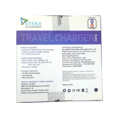 Syska TA QC3 Travel Charger Black