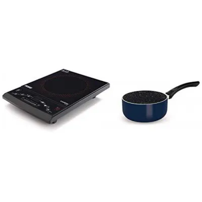 Usha CJ1600XPC Cook Joy 1600-Watt Induction Cooktop Black With Treo by Milton Granito Induction Saucepan 16 cm Blue