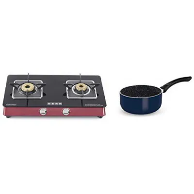 Usha Lustra GS2001 8 MM Thick Toughened Glass Top 2 Burner Gas Stove Square Pan Support Red And Black With Treo by Milton Granito Induction Saucepan 16 cm Blue